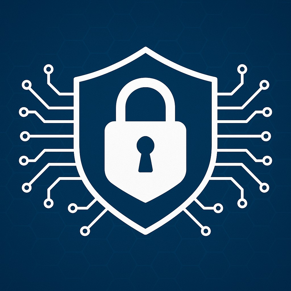 Ilustrasi keamanan siber dengan ikon gembok digital di atas motherboard komputer.